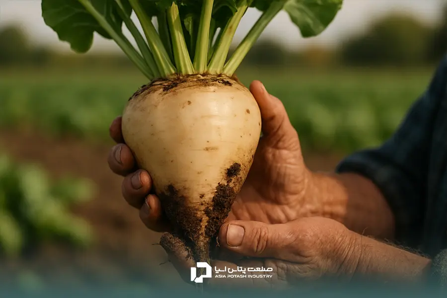 ریشه چغندر قند درشت و سالم در دستان یک کشاورز که نشان‌دهنده برداشت محصولی باکیفیت و تناژ بالا است.