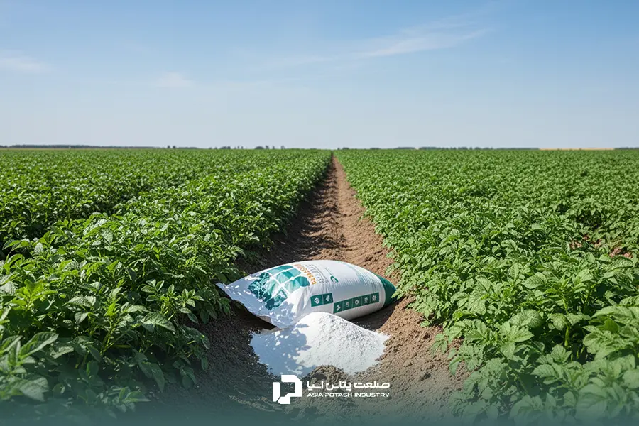 کیسه کود سولفات پتاسیم صنعت پتاس آسیا که به عنوان بهترین کود برای افزایش تناژ سیب زمینی شناخته میشود.